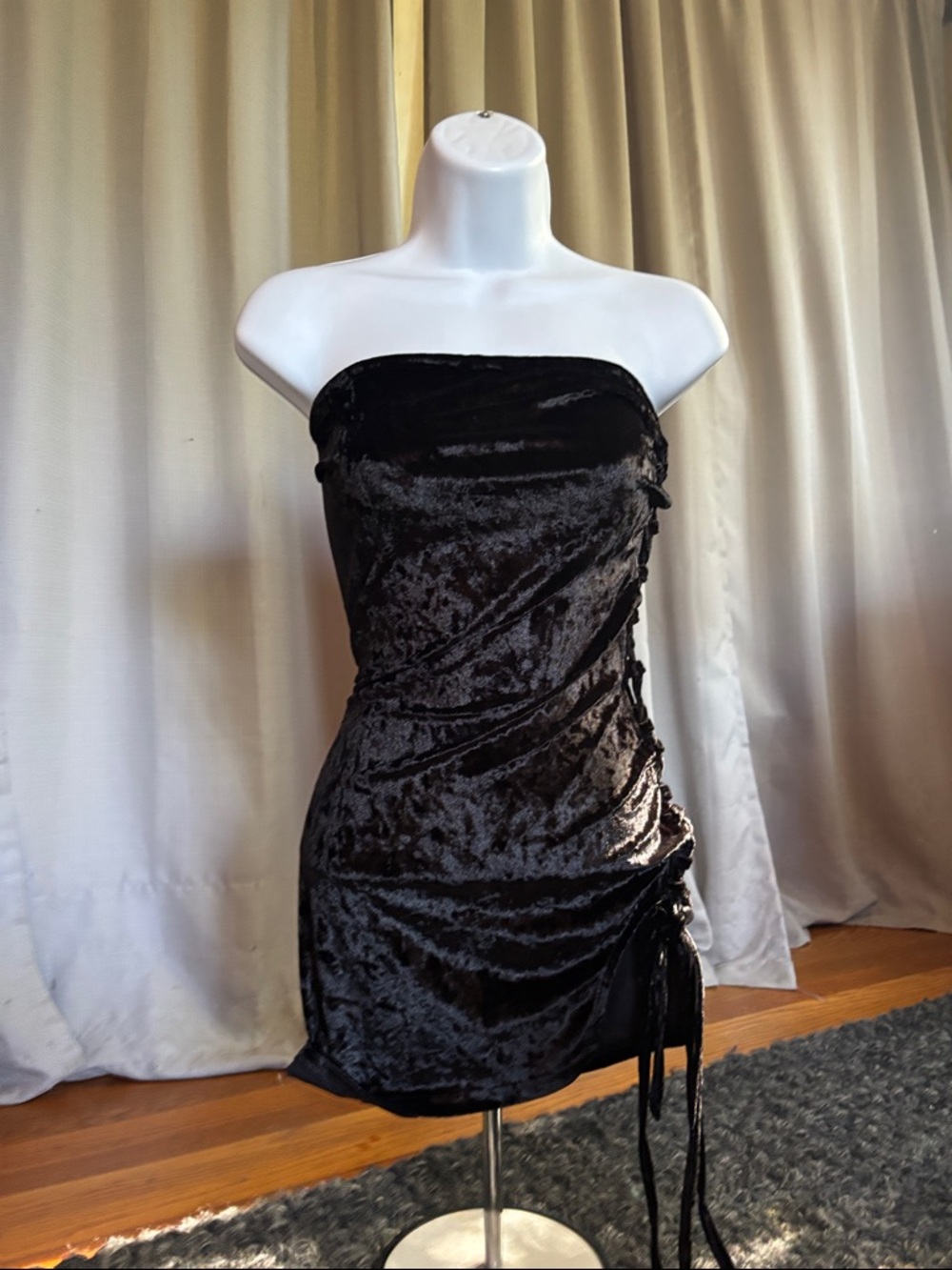 Strapless Black Velvet Ruched Mini Dress